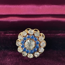 Vintage Blue & Clear Rhinestones Gold Tone Round Scatter Brooch