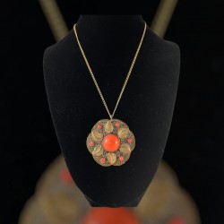 Vintage Czech Faux Coral Filigree Brass Floral Pendant &  Gold Tone Chain Necklace
