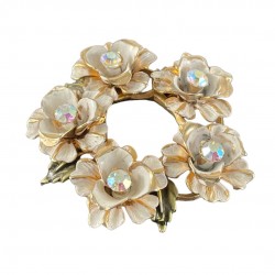 Vintage Coro White Enamel Gold Tone Flower Wreath Brooch