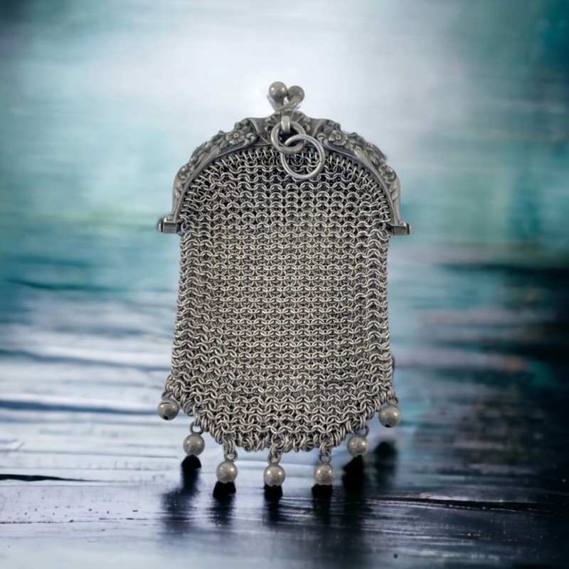 antique french silver chainmail chatelaine coin purse