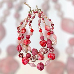 Vintage Pink Three Strand Necklace Beads Japan Vintage Adjustable