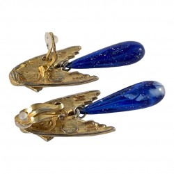 Vintage Les Bernard Angel Wings Blue Faux Lapis Drop Clip-on Earrings