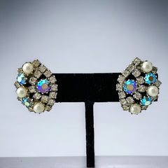 Vintage AB Topaz Rhinestones & Faux Pearls Clip-on Earrings