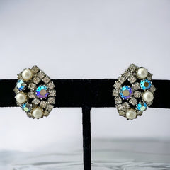 Vintage AB Topaz Rhinestones & Faux Pearls Clip-on Earrings