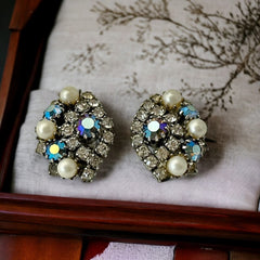 Vintage AB Topaz Rhinestones & Faux Pearls Clip-on Earrings