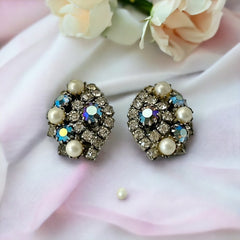 Vintage AB Topaz Rhinestones & Faux Pearls Clip-on Earrings