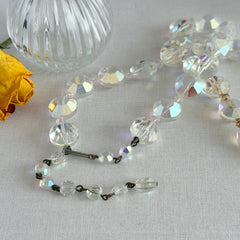 Vintage AB Crystal Coin Necklace – 19mm Faceted Beads, Midcentury Prong‑Set Sparkle