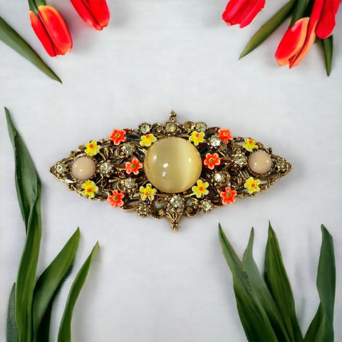 Vintage Signed ART Orange &amp; Yellow Enamel Tiny Flowers Brooch