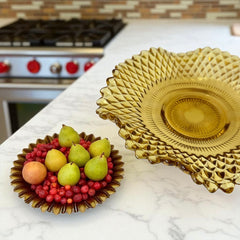 Vintage amber glass dish with scalloped edge and diamond pattern, Federal Indiana style, mid-century candy or trinket bowl.
