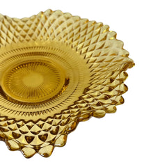 Vintage amber glass dish with scalloped edge and diamond pattern, Federal Indiana style, mid-century candy or trinket bowl.