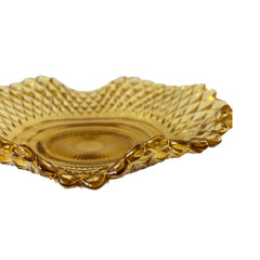 Vintage amber glass dish with scalloped edge and diamond pattern, Federal Indiana style, mid-century candy or trinket bowl.