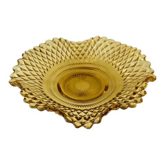 Vintage amber glass dish with scalloped edge and diamond pattern, Federal Indiana style, mid-century candy or trinket bowl.