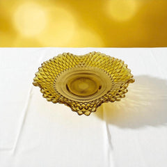 Vintage amber glass dish with scalloped edge and diamond pattern, Federal Indiana style, mid-century candy or trinket bowl.