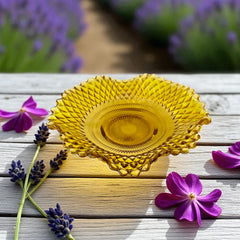 Vintage amber glass dish with scalloped edge and diamond pattern, Federal Indiana style, mid-century candy or trinket bowl.