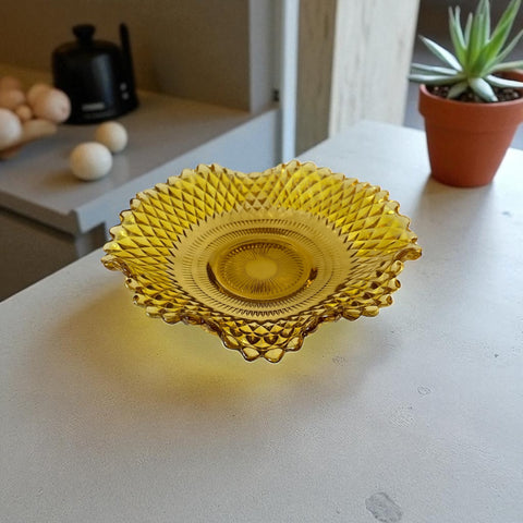 Vintage amber glass dish with scalloped edge and diamond pattern, Federal Indiana style, mid-century candy or trinket bowl.