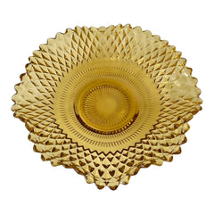 Vintage amber glass dish with scalloped edge and diamond pattern, Federal Indiana style, mid-century candy or trinket bowl.