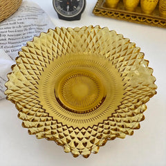 Vintage amber glass dish with scalloped edge and diamond pattern, Federal Indiana style, mid-century candy or trinket bowl.