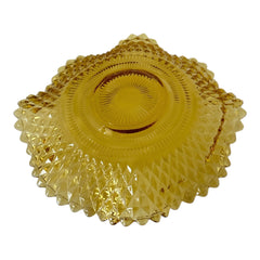 Vintage amber glass dish with scalloped edge and diamond pattern, Federal Indiana style, mid-century candy or trinket bowl.