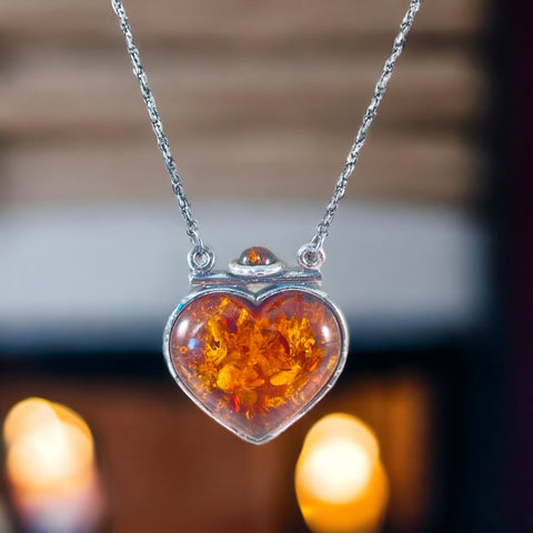 Vintage Baltic Amber & Sterling Silver Heart Pendant Necklace