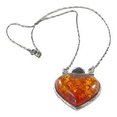 Vintage Baltic Amber & Sterling Silver Heart Pendant Necklace