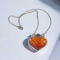 Vintage Baltic Amber & Sterling Silver Heart Pendant Necklace