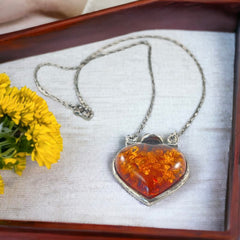 Vintage Baltic Amber & Sterling Silver Heart Pendant Necklace