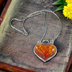 Vintage Baltic Amber & Sterling Silver Heart Pendant Necklace