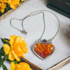 Vintage Baltic Amber & Sterling Silver Heart Pendant Necklace