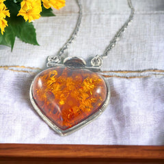 Vintage Baltic Amber & Sterling Silver Heart Pendant Necklace