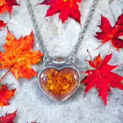 Vintage Baltic Amber & Sterling Silver Heart Pendant Necklace