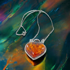 Vintage Baltic Amber & Sterling Silver Heart Pendant Necklace