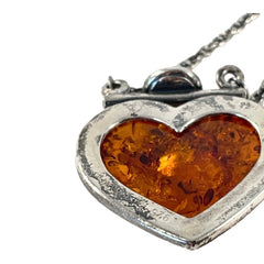 Vintage Baltic Amber & Sterling Silver Heart Pendant Necklace