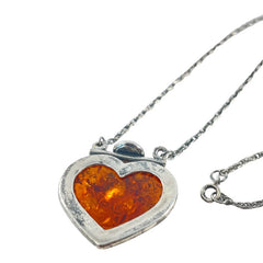 Vintage Baltic Amber & Sterling Silver Heart Pendant Necklace