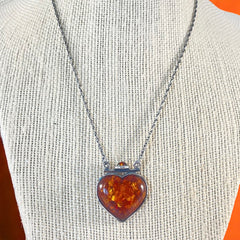 Vintage Baltic Amber & Sterling Silver Heart Pendant Necklace