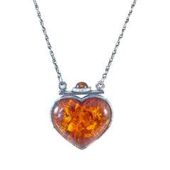 Vintage Baltic Amber & Sterling Silver Heart Pendant Necklace