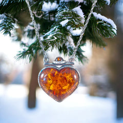 Vintage Baltic Amber & Sterling Silver Heart Pendant Necklace