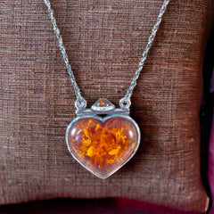 Vintage Baltic Amber & Sterling Silver Heart Pendant Necklace