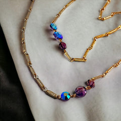 Vintage French AB Amethyst Austrian Crystal Gold Tone Long Chain Necklace