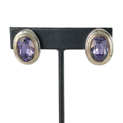 Vintage Amethyst Crystal Silver Tone Oval Clip-on Earrings