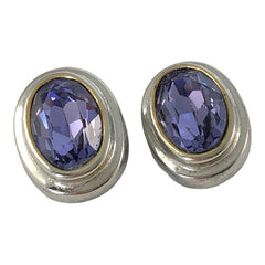 Vintage Amethyst Crystal Silver Tone Oval Clip-on Earrings