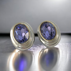 Vintage Amethyst Crystal Silver Tone Oval Clip-on Earrings