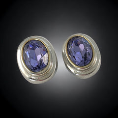 Vintage Amethyst Crystal Silver Tone Oval Clip-on Earrings