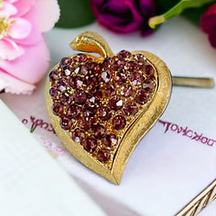 Vintage Amethyst Rhinestones Apple Heart Brooch