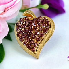 Vintage Amethyst Rhinestones Apple Heart Brooch