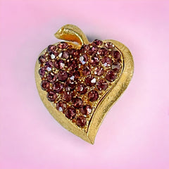 Vintage Amethyst Rhinestones Apple Heart Brooch