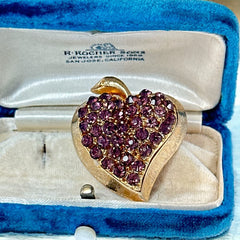 Vintage Amethyst Rhinestones Apple Heart Brooch