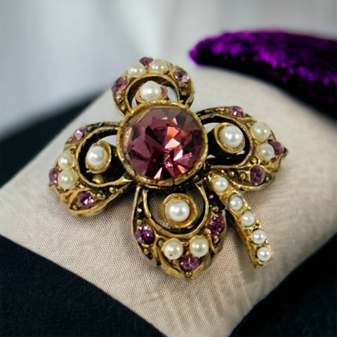 Vintage Victorian Revival Amethyst Rhinestones & Faux Pearls Floral Brooch