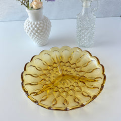 Vintage Anchor Hocking amber yellow Fairfield 3‑part relish dish with scalloped edge and geometric pressed‑glass pattern.