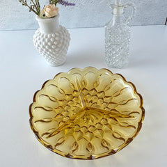 Vintage Anchor Hocking amber yellow Fairfield 3‑part relish dish with scalloped edge and geometric pressed‑glass pattern.