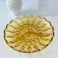 Vintage Anchor Hocking amber yellow Fairfield 3‑part relish dish with scalloped edge and geometric pressed‑glass pattern.